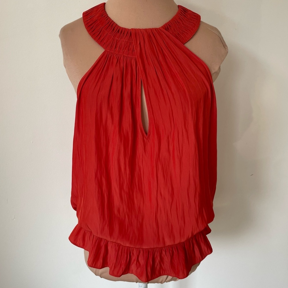 Ramy Brook Criss Cross Halter Keyhole Front Ruched Blouson Orange Top EUC Size M